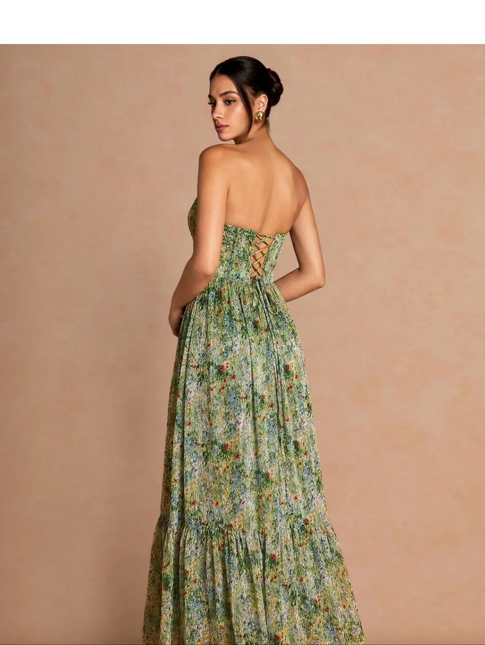 Floral Strapless Bustier Dress in Green and Red - Picture 5 of 6